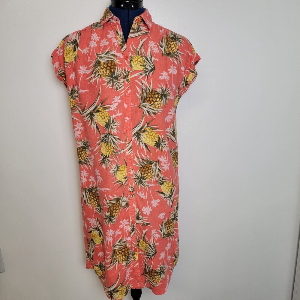 Old Navy Salmon Linen Blend Shirt Dress Shift Tropical Pineapple Hawaiian XS EUC